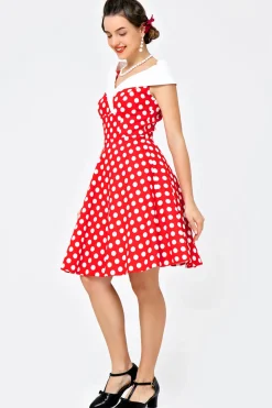 Fora do ombro vestido branco vermelho pontos