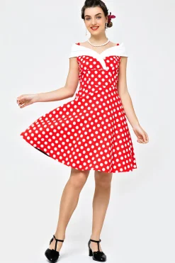 Fora do ombro vestido branco vermelho pontos