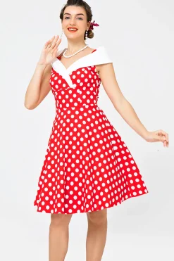 Fora do ombro vestido branco vermelho pontos