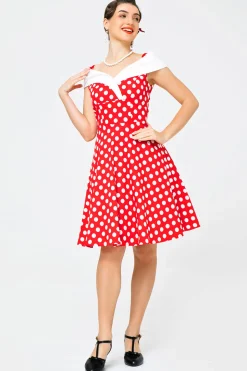 Fora do ombro vestido branco vermelho pontos