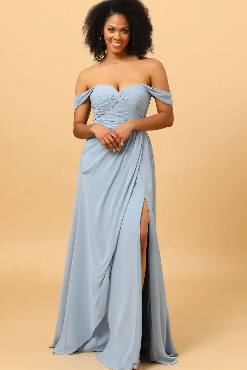 Fora do Ombro Vestido de Dama de Honra Cinza Azul