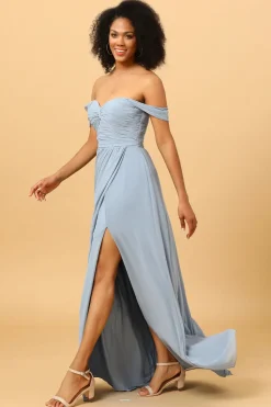 Fora do Ombro Vestido de Dama de Honra Cinza Azul
