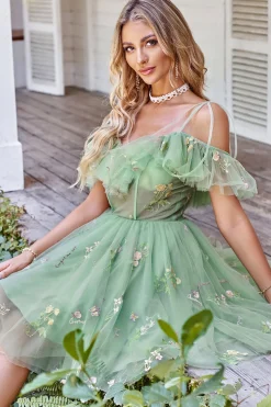 Fora dos Folhos de Ombro Tule Homecoming Dress com Bordado