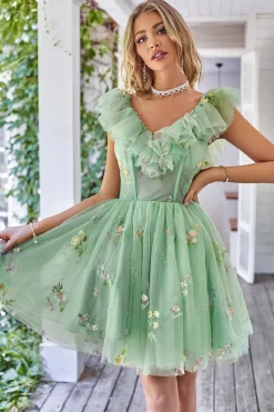 Fora dos Folhos de Ombro Tule Homecoming Dress com Bordado