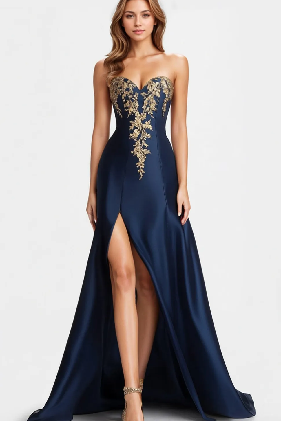 Frisado Azul Marinho Uma Linha Querida Cetim Cintilante Vestido Formal com Fenda