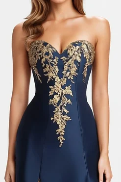 Frisado Azul Marinho Uma Linha Querida Cetim Cintilante Vestido Formal com Fenda