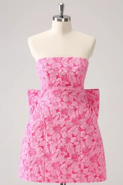 Fuchsia A Line Floral Strapless Vestido Curto Homecoming Com Arco
