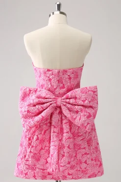 Fuchsia A Line Floral Strapless Vestido Curto Homecoming Com Arco