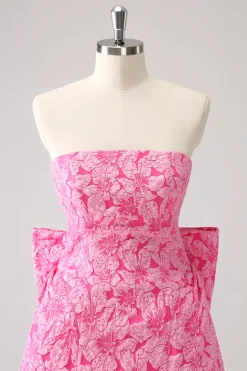 Fuchsia A Line Floral Strapless Vestido Curto Homecoming Com Arco