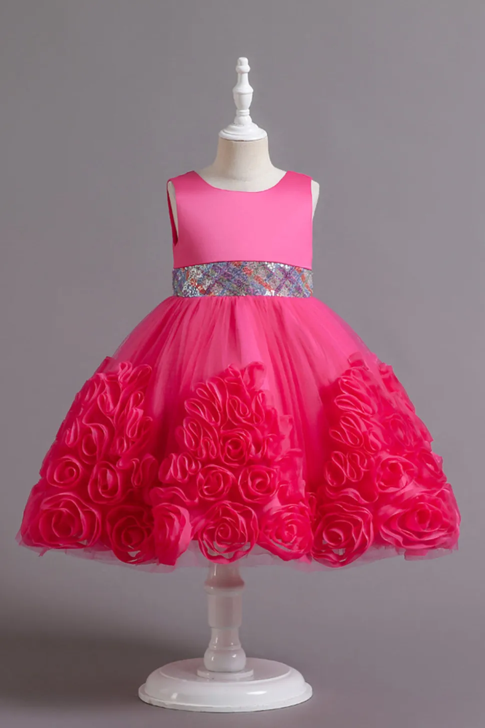 Fuchsia A Line Lantejoulas Vestido de Menina Flor