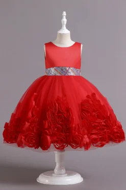 Fuchsia A Line Lantejoulas Vestido de Menina Flor
