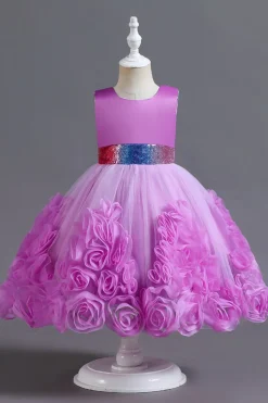 Fuchsia A Line Lantejoulas Vestido de Menina Flor