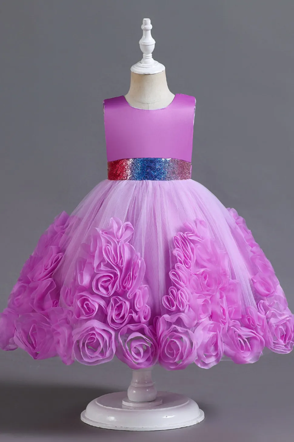 Fuchsia A Line Lantejoulas Vestido de Menina Flor