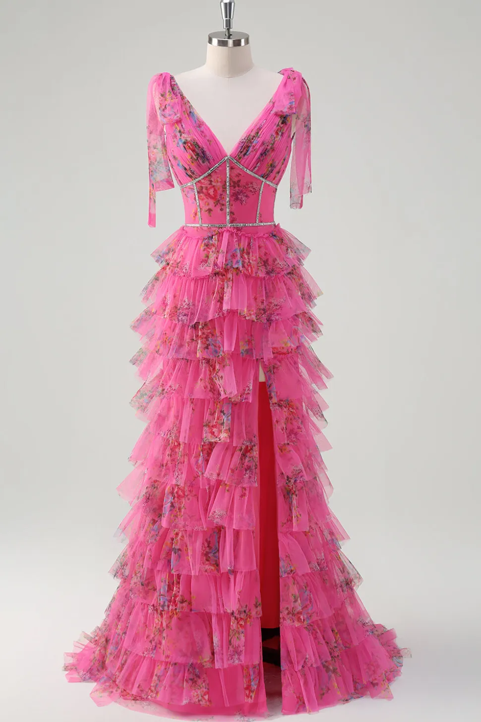 Fuchsia A Line Ruffle V-Neck Vestido de baile floral com fenda