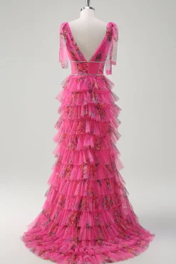 Fuchsia A Line Ruffle V-Neck Vestido de baile floral com fenda
