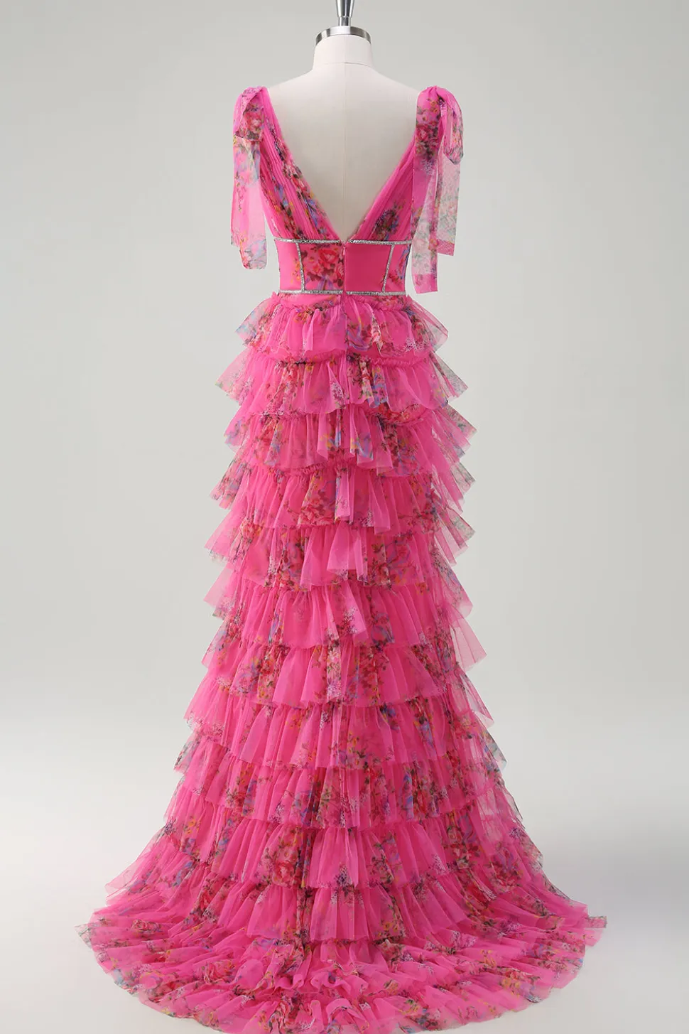 Fuchsia A Line Ruffle V-Neck Vestido de baile floral com fenda