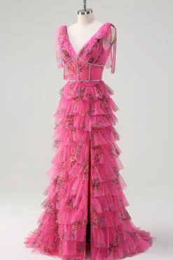 Fuchsia A Line Ruffle V-Neck Vestido de baile floral com fenda