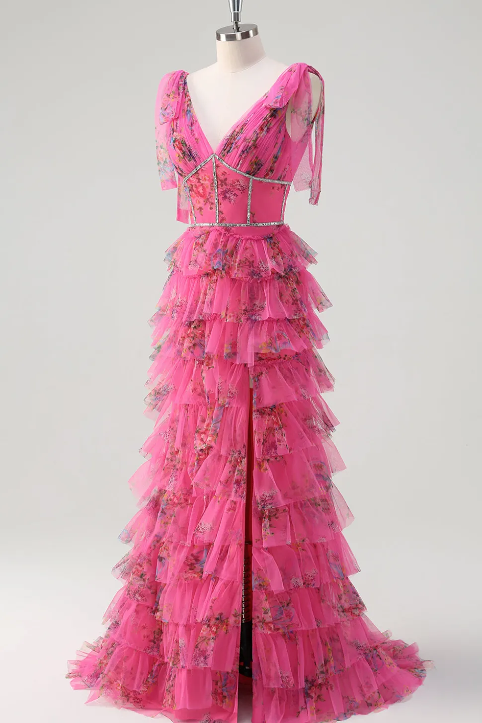 Fuchsia A Line Ruffle V-Neck Vestido de baile floral com fenda