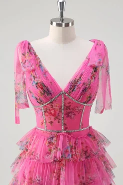 Fuchsia A Line Ruffle V-Neck Vestido de baile floral com fenda