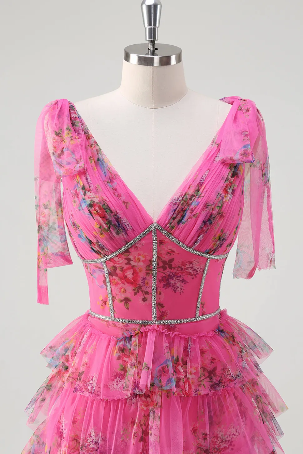 Fuchsia A Line Ruffle V-Neck Vestido de baile floral com fenda