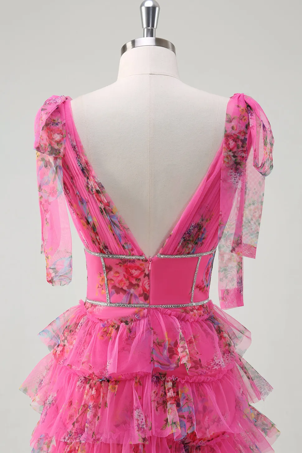 Fuchsia A Line Ruffle V-Neck Vestido de baile floral com fenda