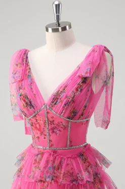 Fuchsia A Line Ruffle V-Neck Vestido de baile floral com fenda