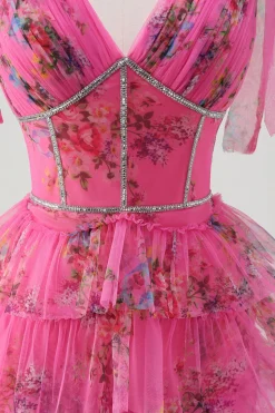 Fuchsia A Line Ruffle V-Neck Vestido de baile floral com fenda