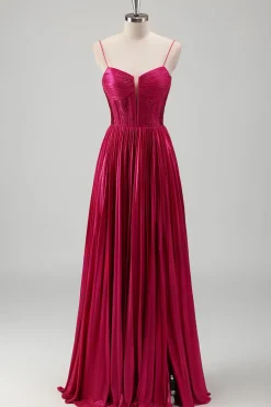 Fuchsia A Line Spaghetti Straps Corset Vestido de baile plissado com renda para trás