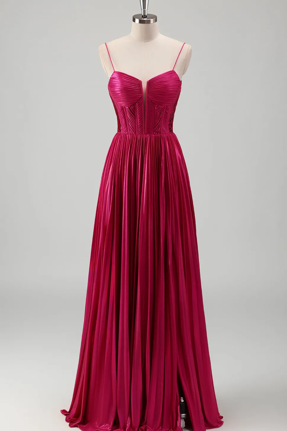 Fuchsia A Line Spaghetti Straps Corset Vestido de baile plissado com renda para trás