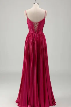 Fuchsia A Line Spaghetti Straps Corset Vestido de baile plissado com renda para trás
