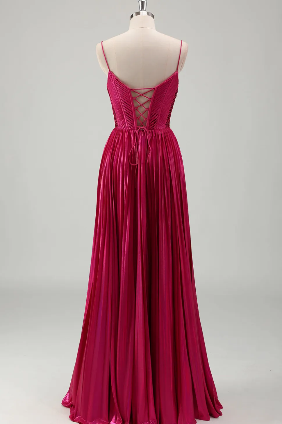Fuchsia A Line Spaghetti Straps Corset Vestido de baile plissado com renda para trás