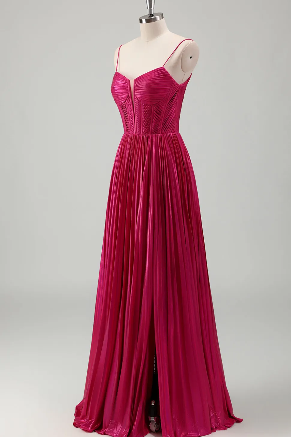 Fuchsia A Line Spaghetti Straps Corset Vestido de baile plissado com renda para trás