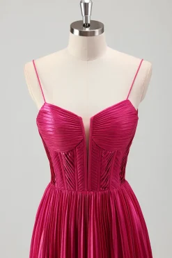 Fuchsia A Line Spaghetti Straps Corset Vestido de baile plissado com renda para trás