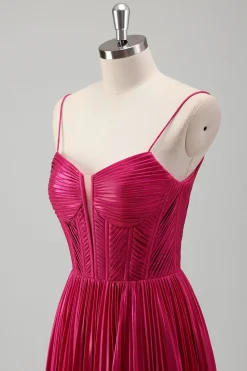 Fuchsia A Line Spaghetti Straps Corset Vestido de baile plissado com renda para trás