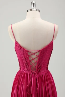 Fuchsia A Line Spaghetti Straps Corset Vestido de baile plissado com renda para trás
