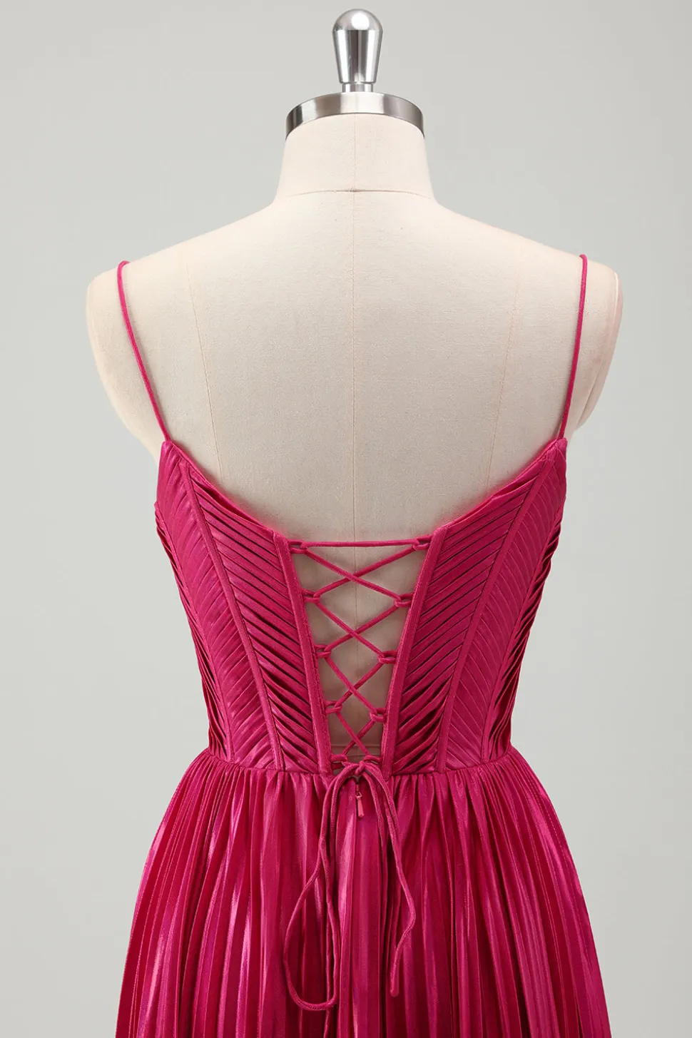 Fuchsia A Line Spaghetti Straps Corset Vestido de baile plissado com renda para trás