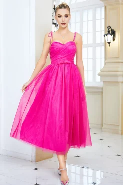 Fuchsia A Line Spaghetti Correias Vestido de Baile com Arco