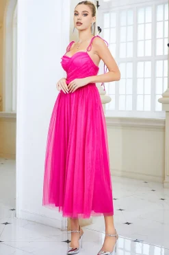 Fuchsia A Line Spaghetti Correias Vestido de Baile com Arco