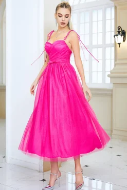 Fuchsia A Line Spaghetti Correias Vestido de Baile com Arco