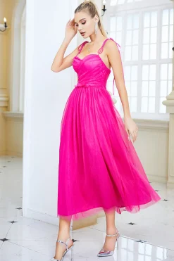 Fuchsia A Line Spaghetti Correias Vestido de Baile com Arco