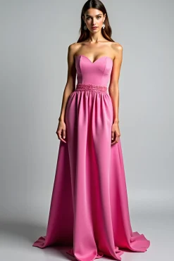 Fuchsia A Line Strapless Ruched Prom Dress