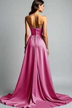 Fuchsia A Line Strapless Ruched Prom Dress