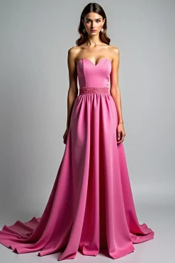 Fuchsia A Line Strapless Ruched Prom Dress