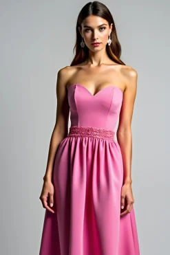 Fuchsia A Line Strapless Ruched Prom Dress