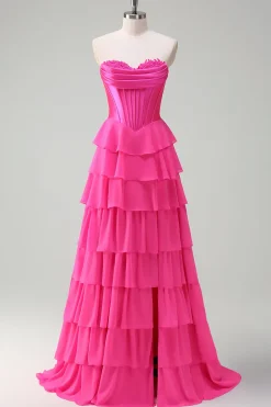 Fuchsia A Line Strapless Corset Tiered Prom Dress com Folhos
