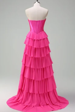 Fuchsia A Line Strapless Corset Tiered Prom Dress com Folhos