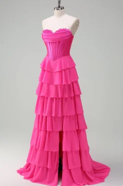 Fuchsia A Line Strapless Corset Tiered Prom Dress com Folhos