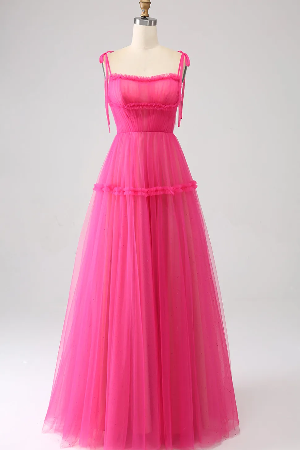 Fuchsia A-Line babado longo vestido de baile de tule