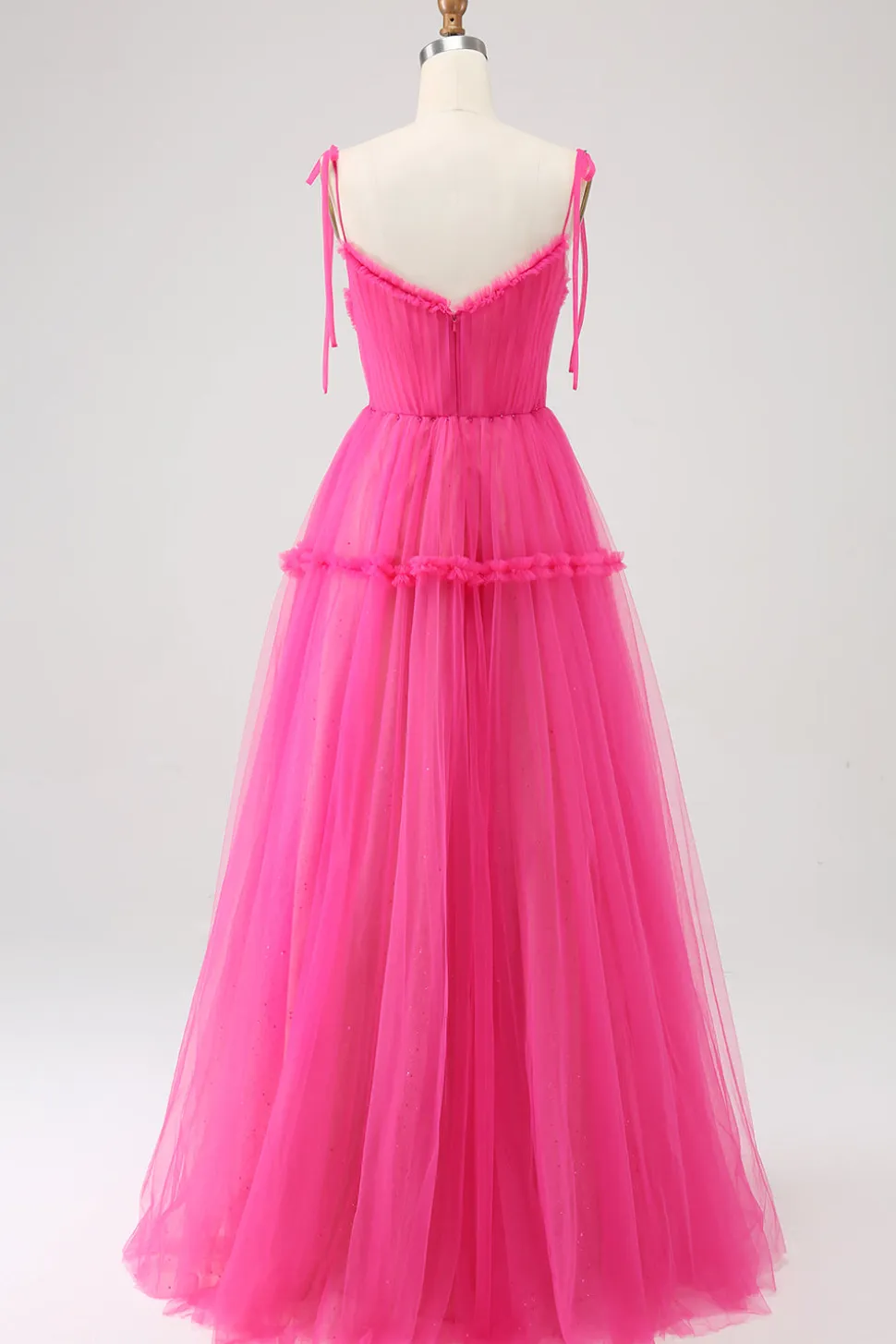 Fuchsia A-Line babado longo vestido de baile de tule