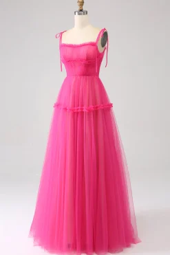 Fuchsia A-Line babado longo vestido de baile de tule